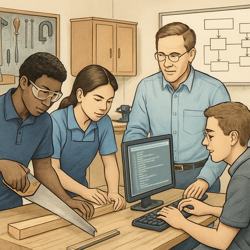 Students engaged in a vocational training workshop, learning technical skills such as carpentry or coding, which align with Career and Technical Education goals. Students working in a vocational training class as part of Career and Technical Education.