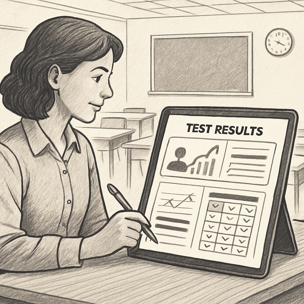 A teacher analyzing test results with a digital assessment tool, showcasing student progress. The image should reflect K12 education and assessment. Teacher analyzing test results with a digital tool in K12 education.
