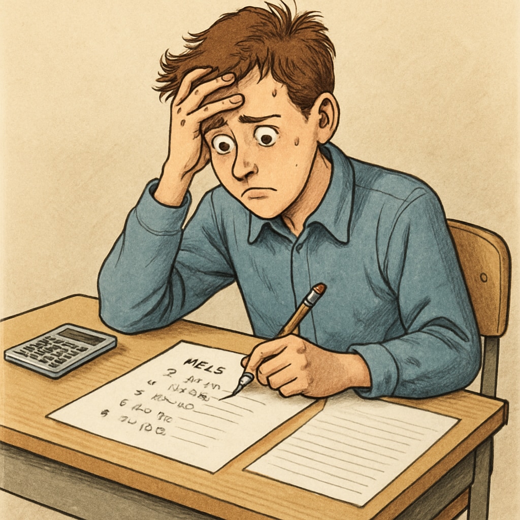 A high school student sitting at a desk, visibly stressed while attempting a math test. High school student experiencing math anxiety during a test.