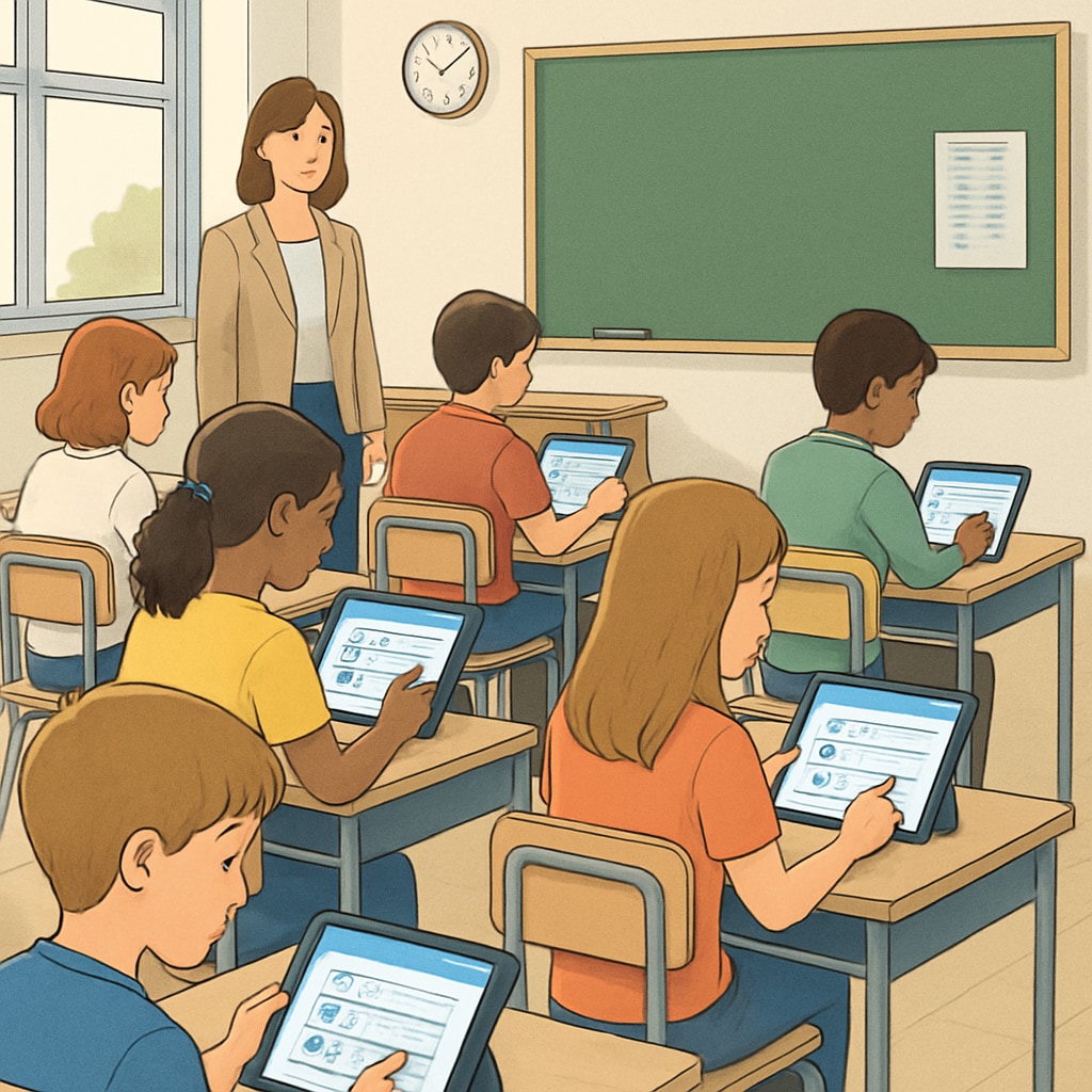 A classroom setting where students are independently working on digital tests using tablets. The image should represent modern education methods. Students taking digital tests in a K12 classroom using tablets.