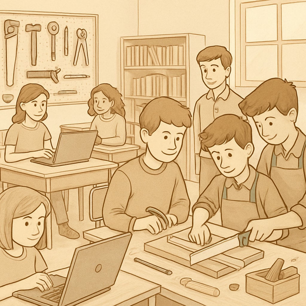 A classroom where students are working on both laptops and woodworking projects, representing the integration of technology and hands-on learning. Students in a classroom combining technology and practical skills, showcasing CTE and traditional academics.