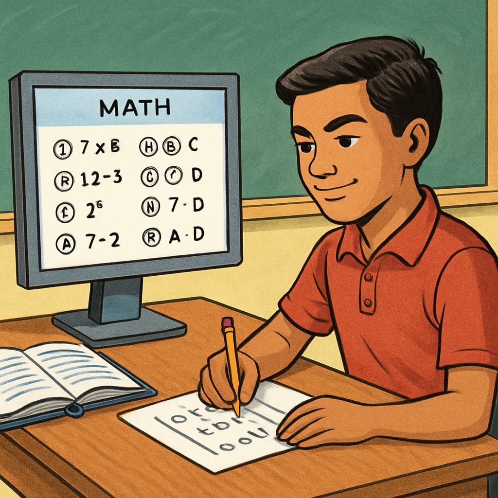 A student confidently answering multiple-choice math questions on a computer. Student tackling multiple-choice math questions with focus and confidence.