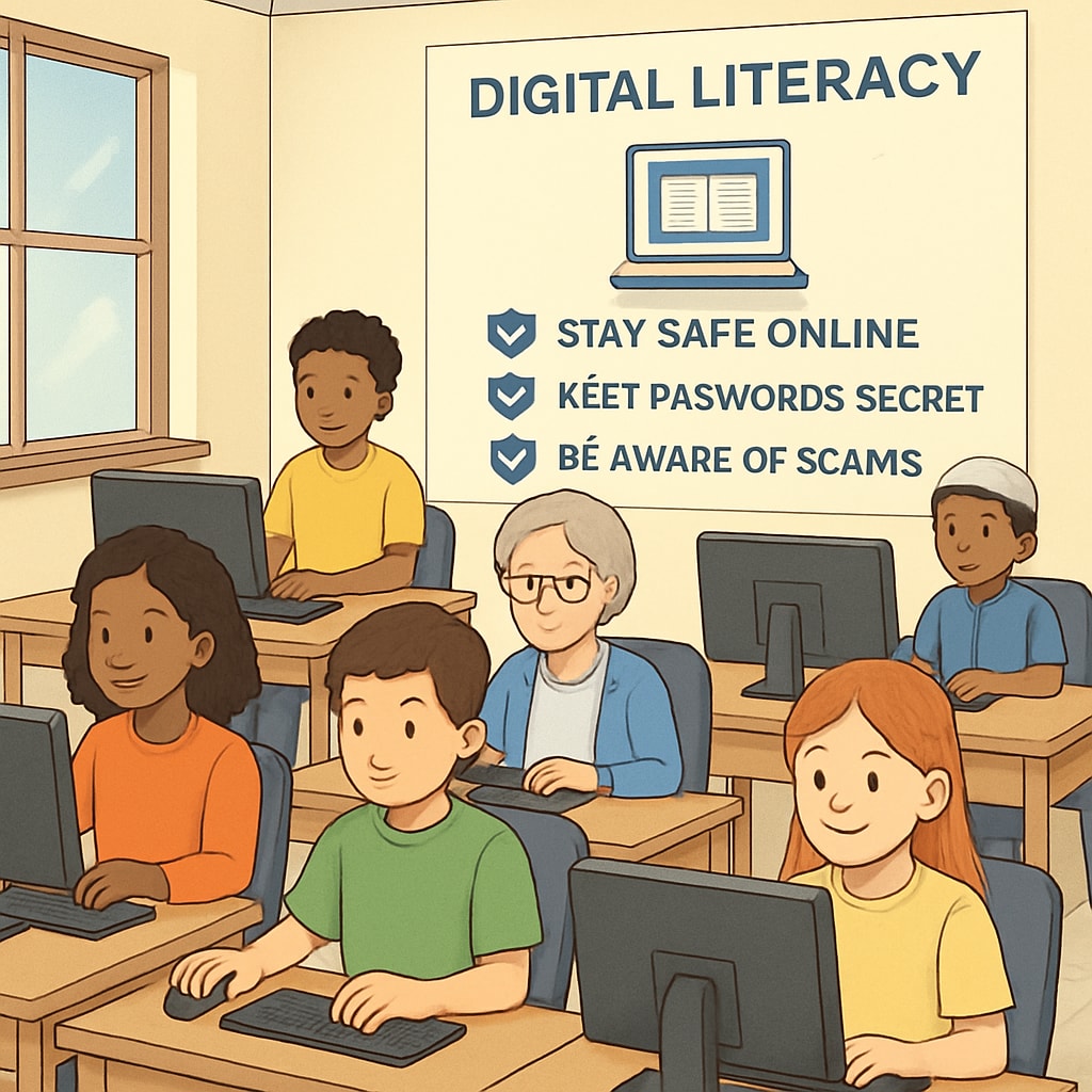 An illustration of students using computers in a classroom, symbolizing digital literacy and online safety. Students in a classroom learning about online safety and digital literacy in the context of age verification and UK laws.