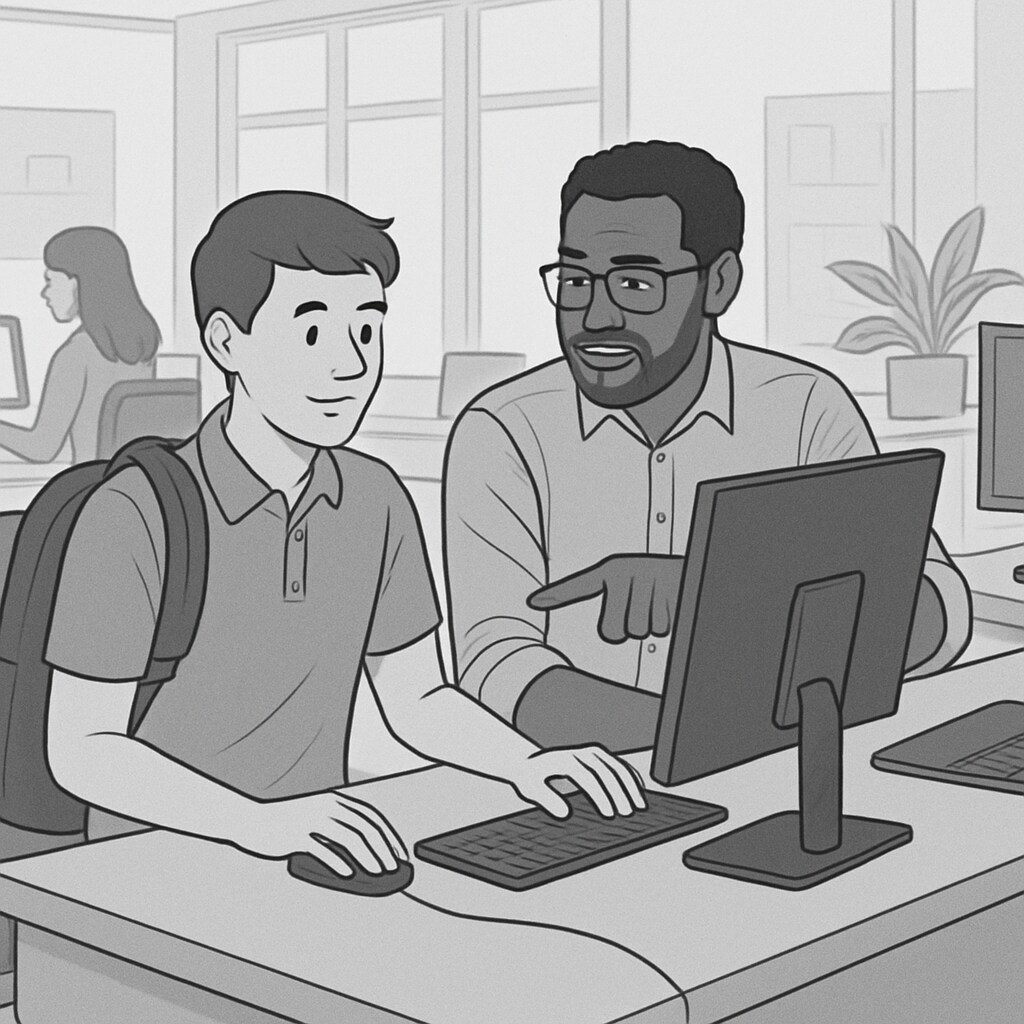 A student participating in an internship at a local tech company, guided by a mentor, showcasing the collaboration between education and industry. High school student intern at a tech company, representing the benefits of CTE-industry partnerships.