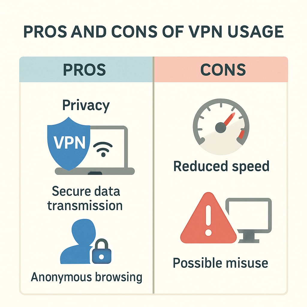 A diagram showing the pros and cons of VPN usage in education, highlighting privacy benefits and potential risks. A diagram illustrating the advantages and disadvantages of VPN usage in schools, relevant to age verification and UK laws.