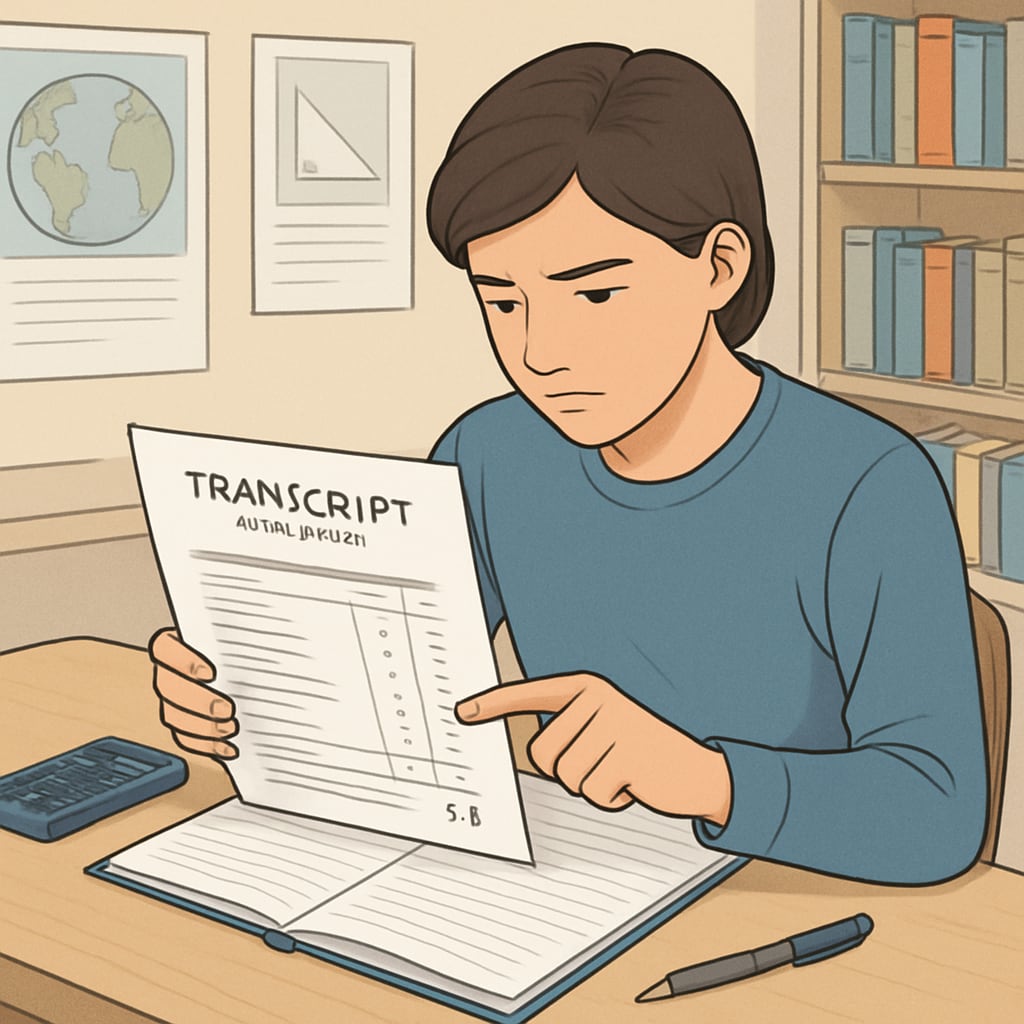 A high school student reviewing their transcript, equipped with a calculator and notebook to plan credit recovery. High school student reviewing transcript to address credit deficiency.
