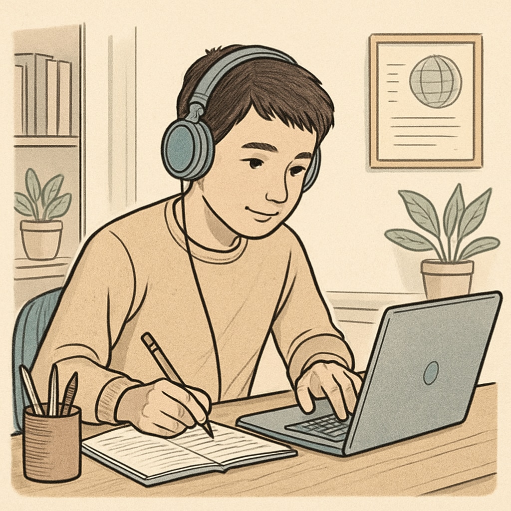 A student engaged in online learning, wearing headphones and working on a laptop at home. Student studying online to catch up on high school credits.