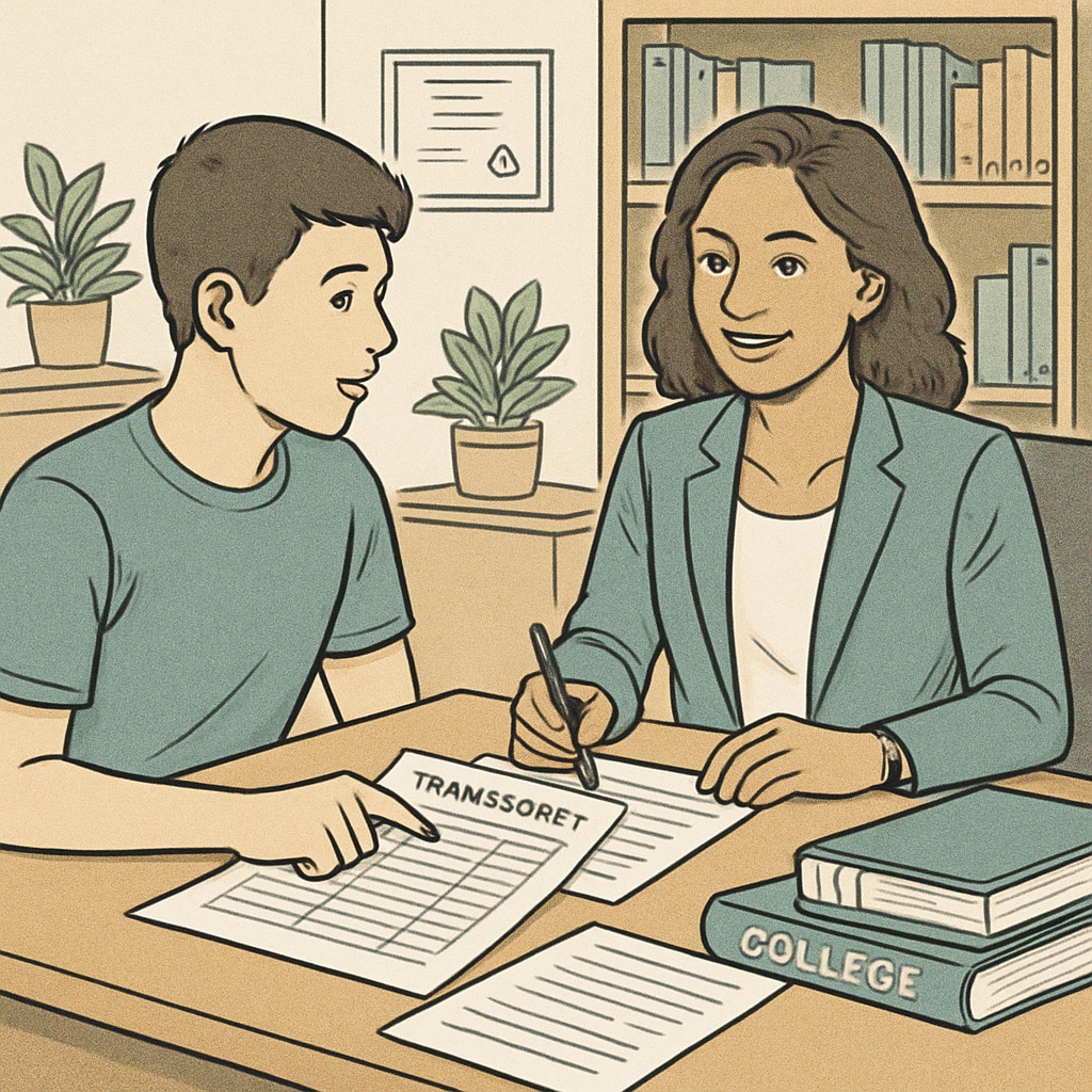 A high school student reviewing their transcript with a counselor, symbolizing academic planning. A student and counselor discussing high school credits and graduation requirements.