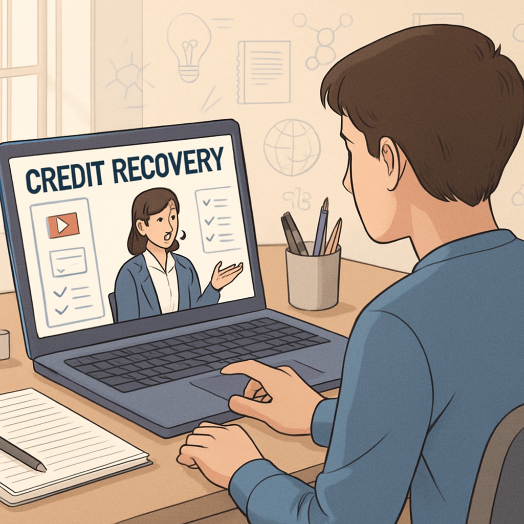 A student engaging with an online learning platform, representing flexible credit recovery options. A high school student using an online learning platform to recover credits.