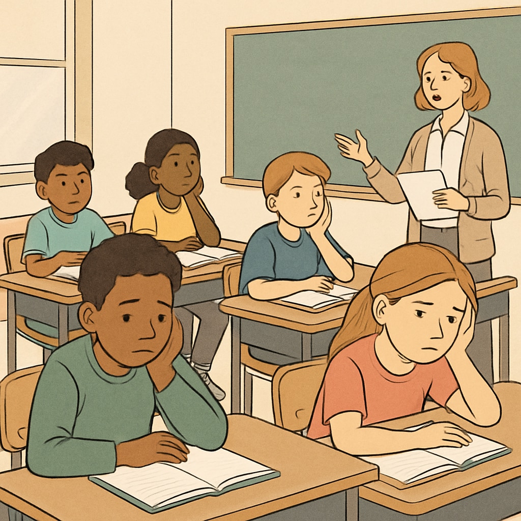 A group of diverse K12 students looking disengaged during a classroom lecture. Students appearing bored in a K12 classroom, related to student boredom in education.