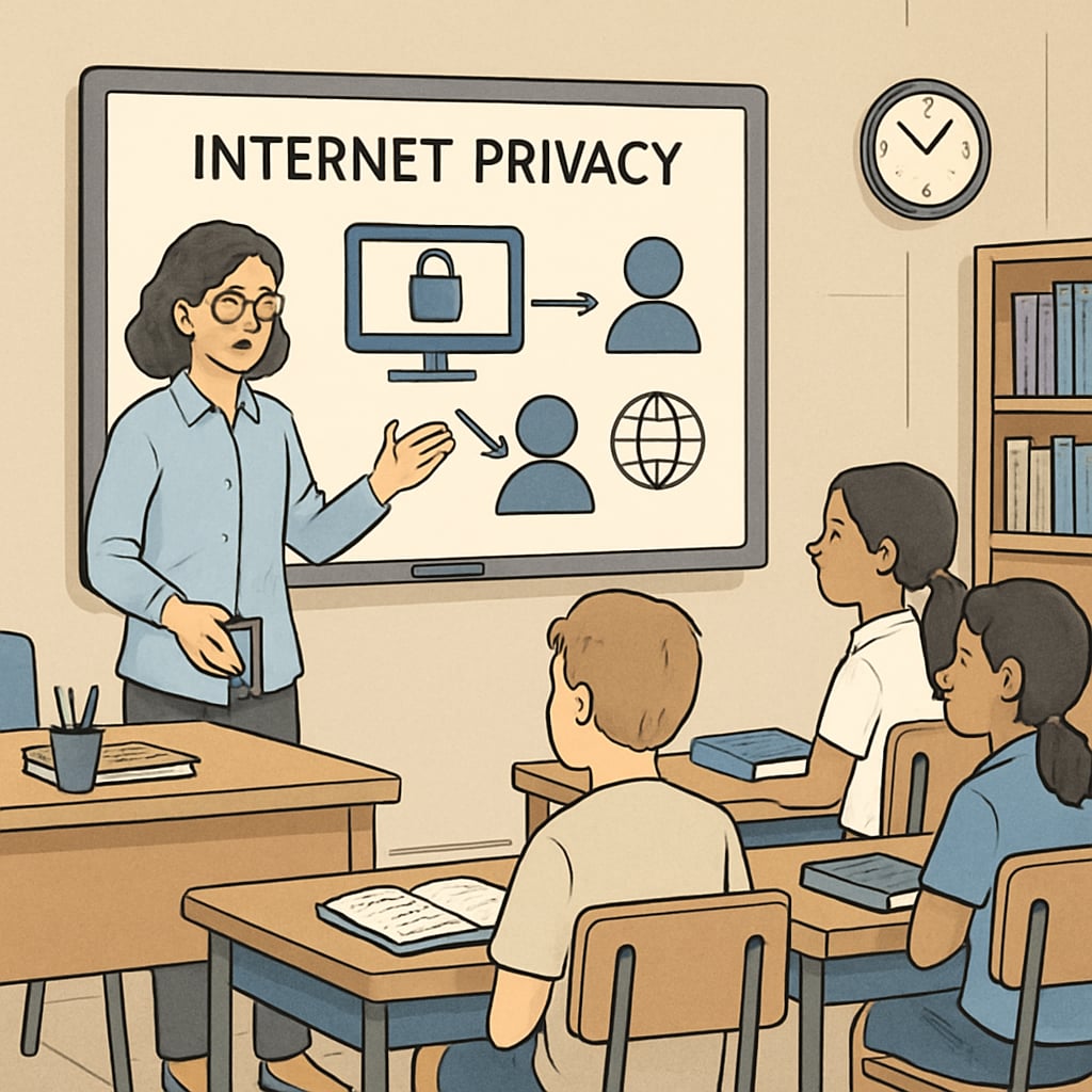 A classroom setting where a teacher is explaining internet privacy using a digital whiteboard. Teacher explaining internet privacy to students in a classroom.