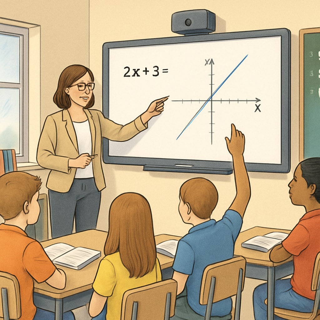 A teacher using interactive technology, such as a smartboard, to engage students in a classroom. A teacher engaging K12 students using technology, addressing student boredom in education.