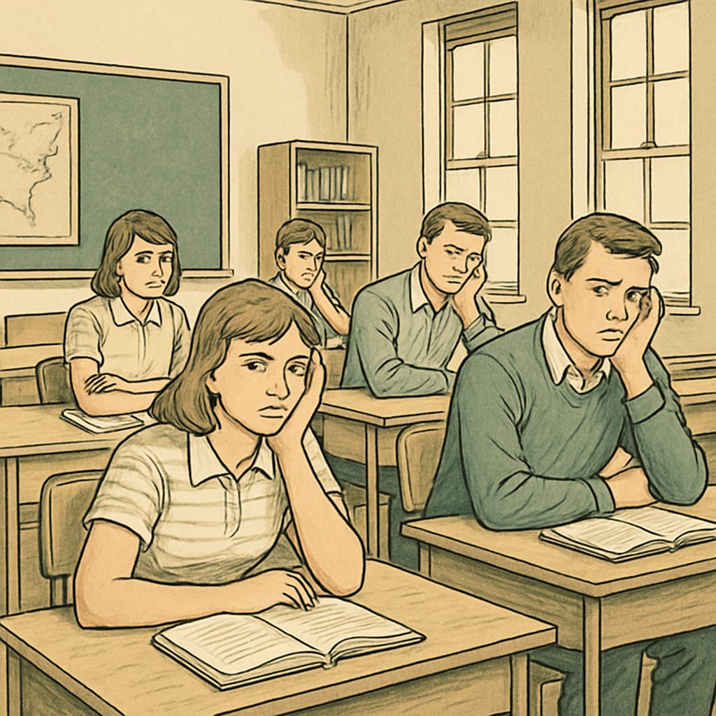 Students sitting in a traditional classroom with disengaged expressions during a lecture. Students in a classroom showing signs of boredom during a lesson.