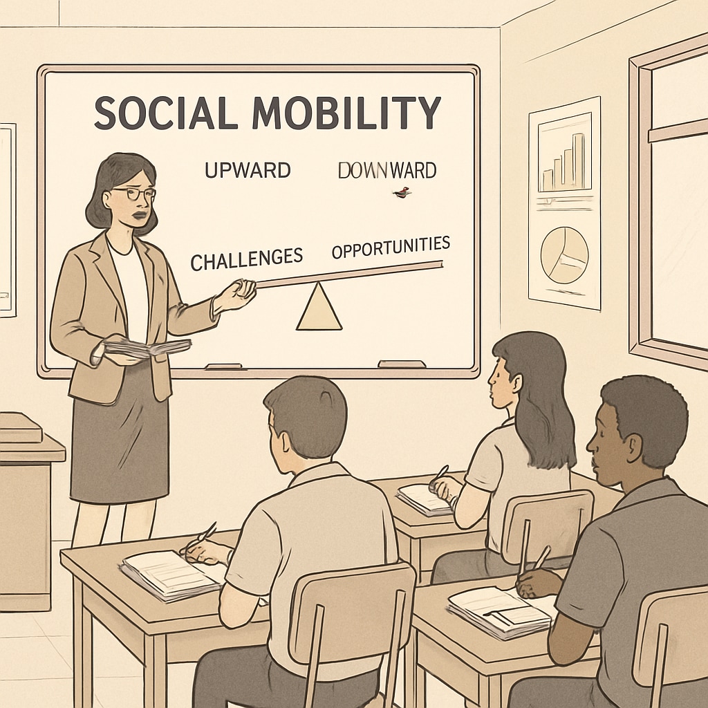 Teacher explaining social mobility in a classroom, balancing challenges and opportunities.