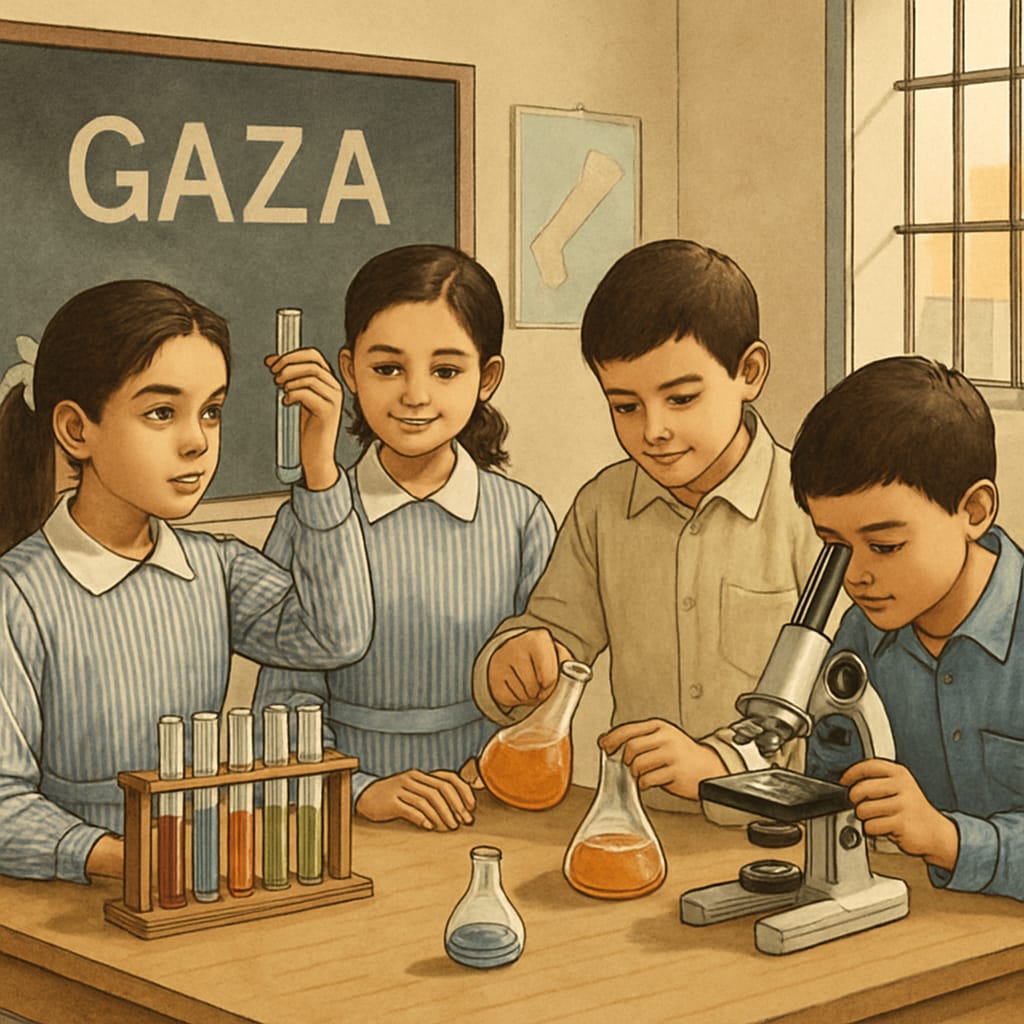 Students in a Gaza classroom engaging with science experiments, symbolizing hope and innovation in education. Gaza students conducting science experiments in a classroom, representing education rebuilding efforts.