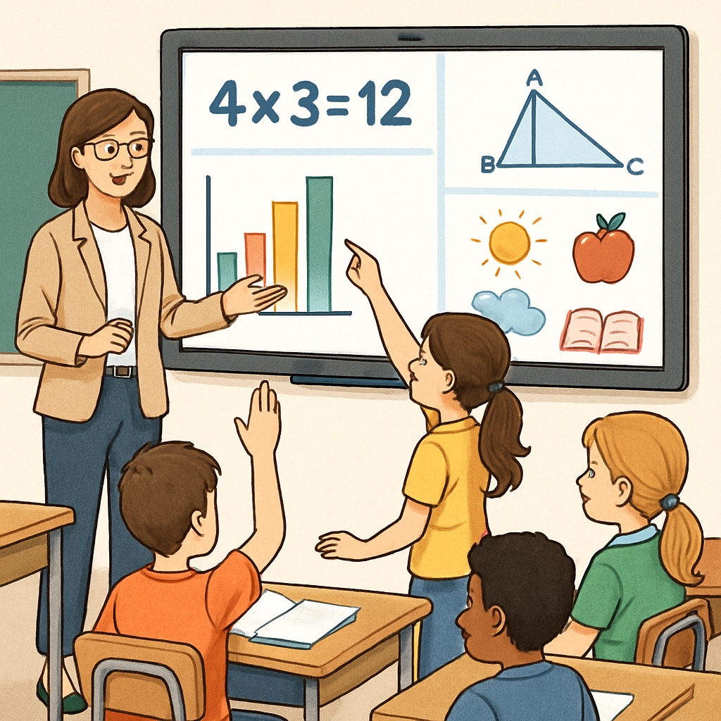A teacher using an interactive smartboard with students actively participating in the lesson. Engaged students with a teacher employing interactive teaching methods.