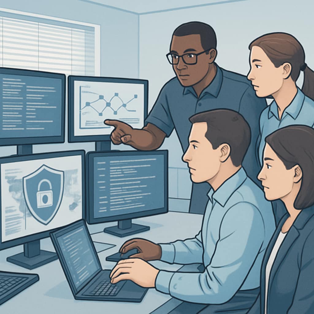 A team of cybersecurity professionals analyzing data on multiple monitors in a modern office setting, highlighting teamwork and technical skills. Cybersecurity professionals analyzing data, showcasing teamwork and skill-building.