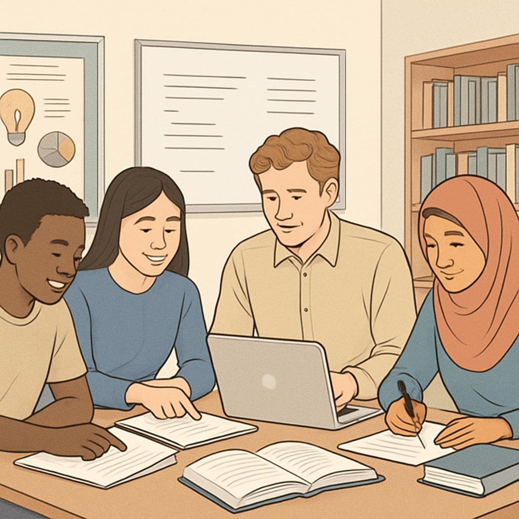 A diverse group of students collaborating on a group project in a classroom, symbolizing unity and teamwork. Students in Gaza working on a group project, representing cross-cultural understanding and teamwork.