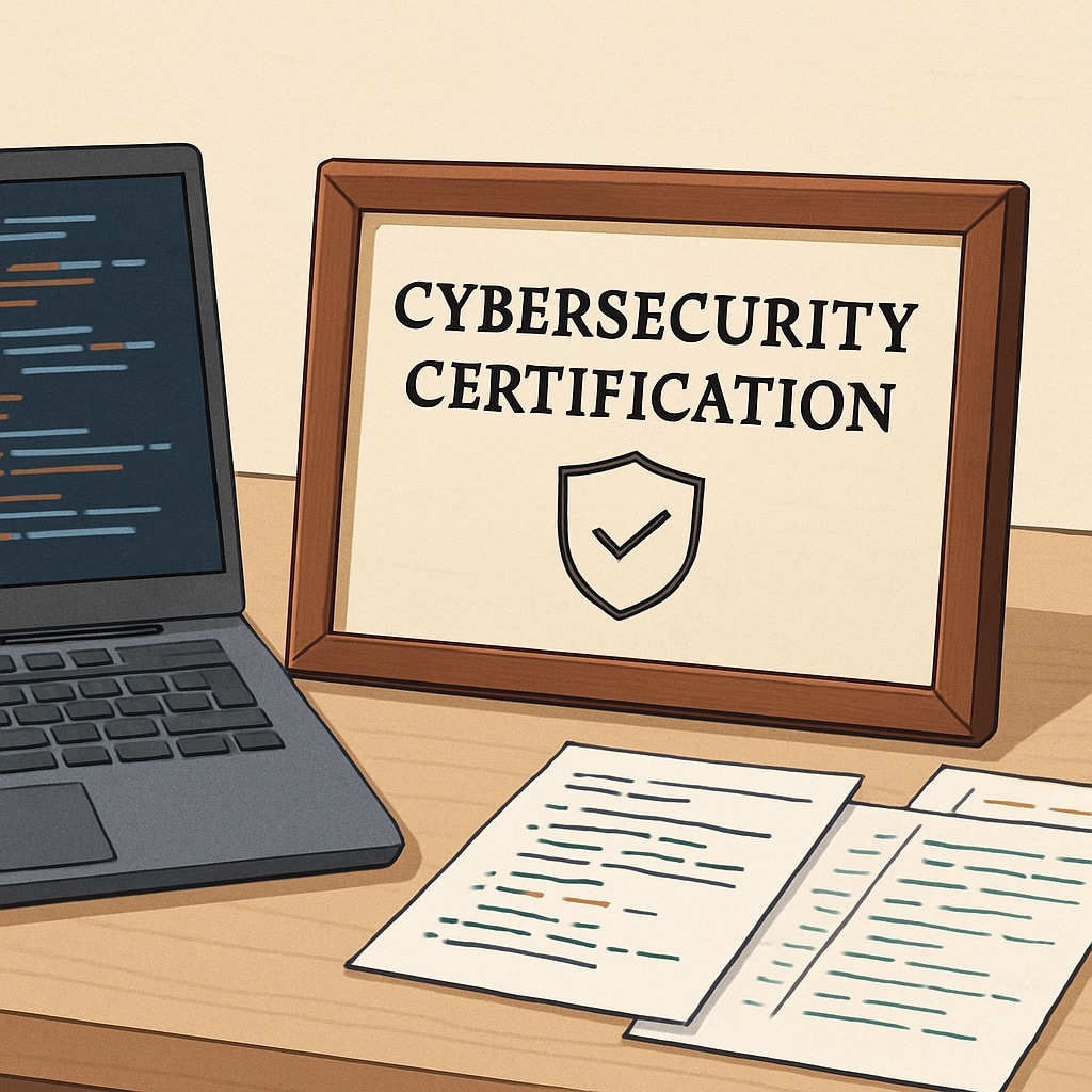 A close-up of a cybersecurity certification plaque on a desk, surrounded by a laptop and coding notes, emphasizing the importance of certifications. Cybersecurity certification plaque on a desk, highlighting career preparation.