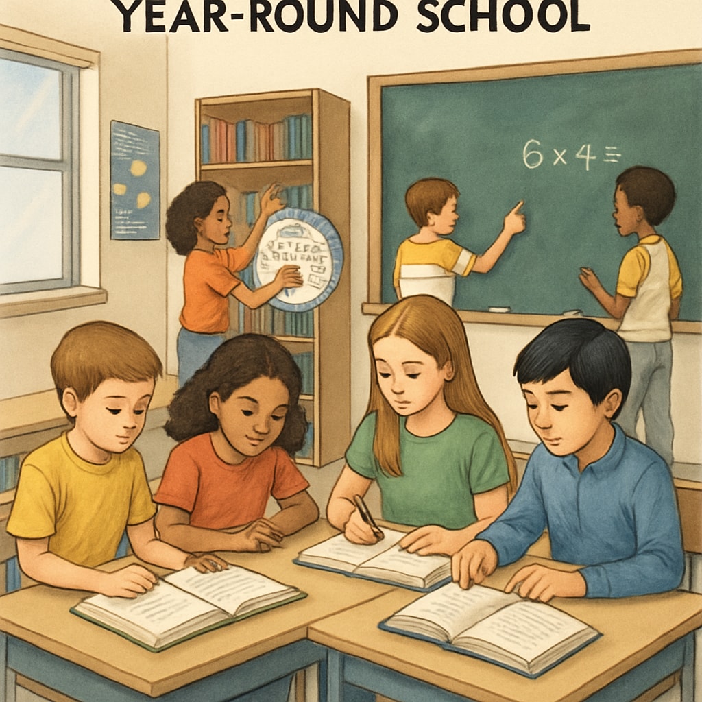 A classroom with students actively engaged in learning during a year-round school schedule, illustrating the concept of continual education. Classroom demonstrating year-round learning retention strategies.