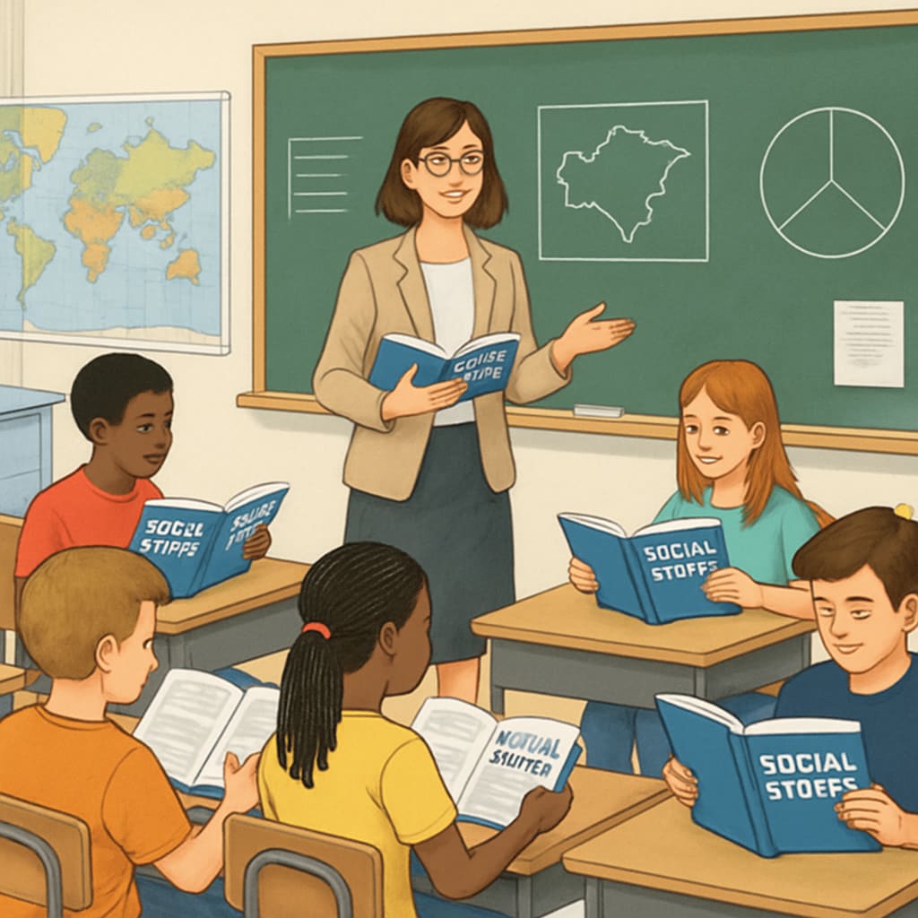 A sixth-grade classroom with students reading social studies textbooks, illustrating educational content in action. Sixth-grade students in a classroom engaging with social studies textbooks on class systems.