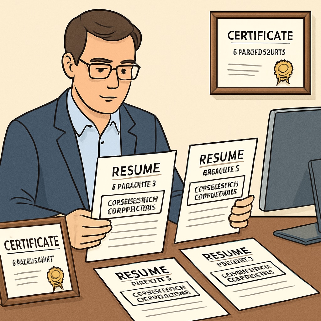 An employer reviewing resumes with degrees from various universities alongside cybersecurity certifications, highlighting the importance of practical skills. Employer assessing resumes with academic and certification credentials.