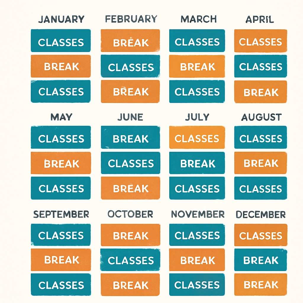 Year-round school calendar focusing on alternating weeks of learning and rest.