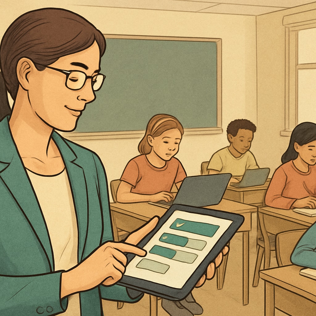 A teacher using technology for real-time student progress tracking in education.