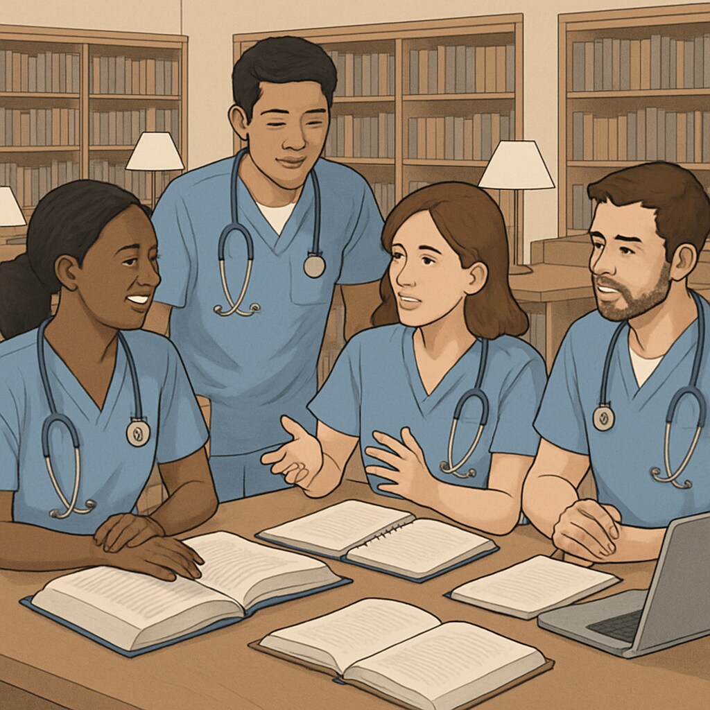 Nursing students in a library discussing case studies as part of a study group.