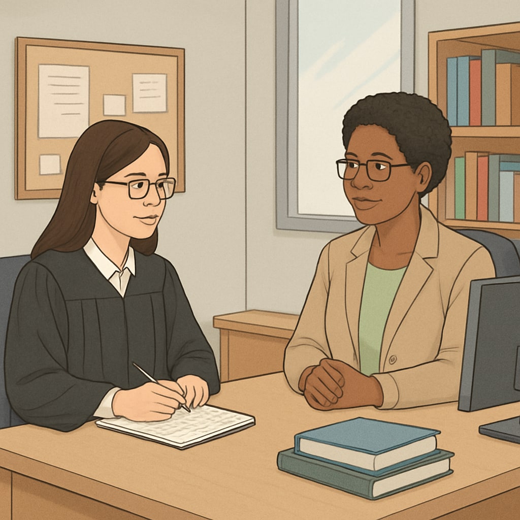 Graduate student interviewing a school counselor in a professional setting.