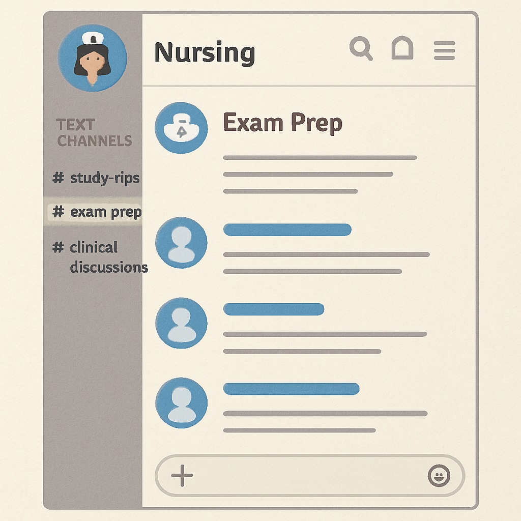 A nursing Discord server showing channels for study tips and exam preparation.