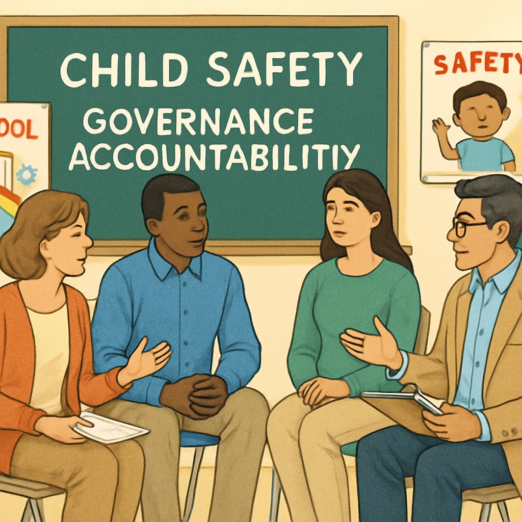Parents and educators discussing child safety measures and governance accountability in schools. A group of parents discussing child safety and school governance standards.