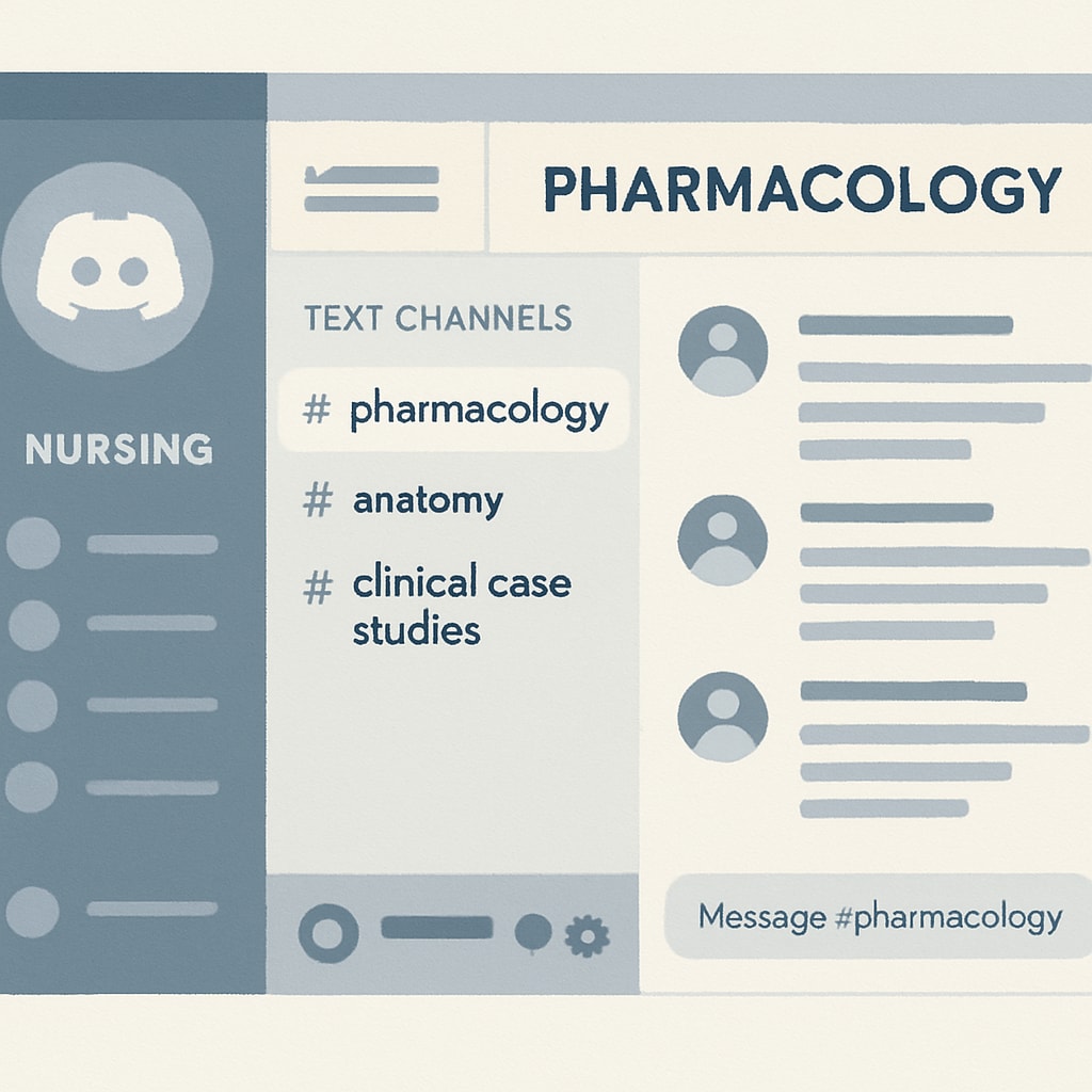 Discord server interface tailored for nursing education with organized channels.