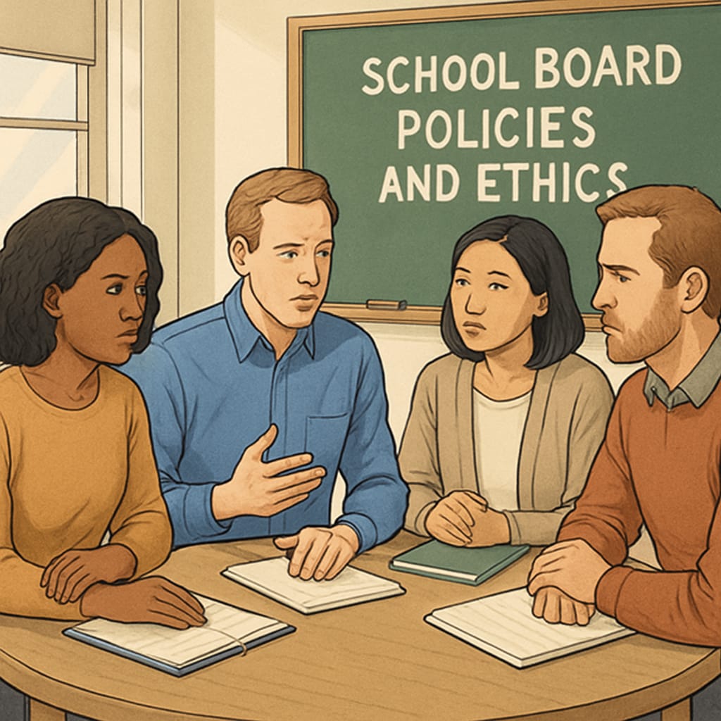 A concerned group of parents meeting to discuss school board policies and ethics, symbolizing community activism. Parents discussing school board issues related to abuse histories.