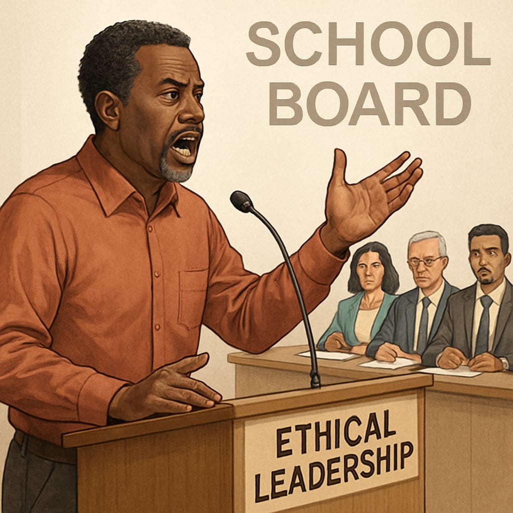A community member advocating for ethical leadership during a school board meeting, emphasizing accountability. Community member speaking at a school board meeting about abuse-related concerns.