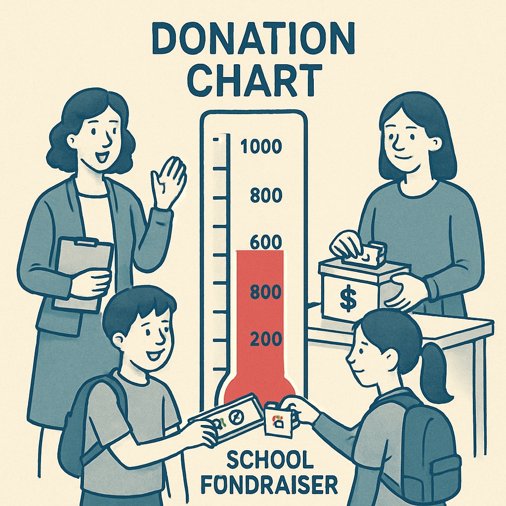 A school fundraising event displaying donation tiers on a chart, emphasizing monetary goals. Chart showing donation tiers during a school fundraising event, linked to economic contribution levels.