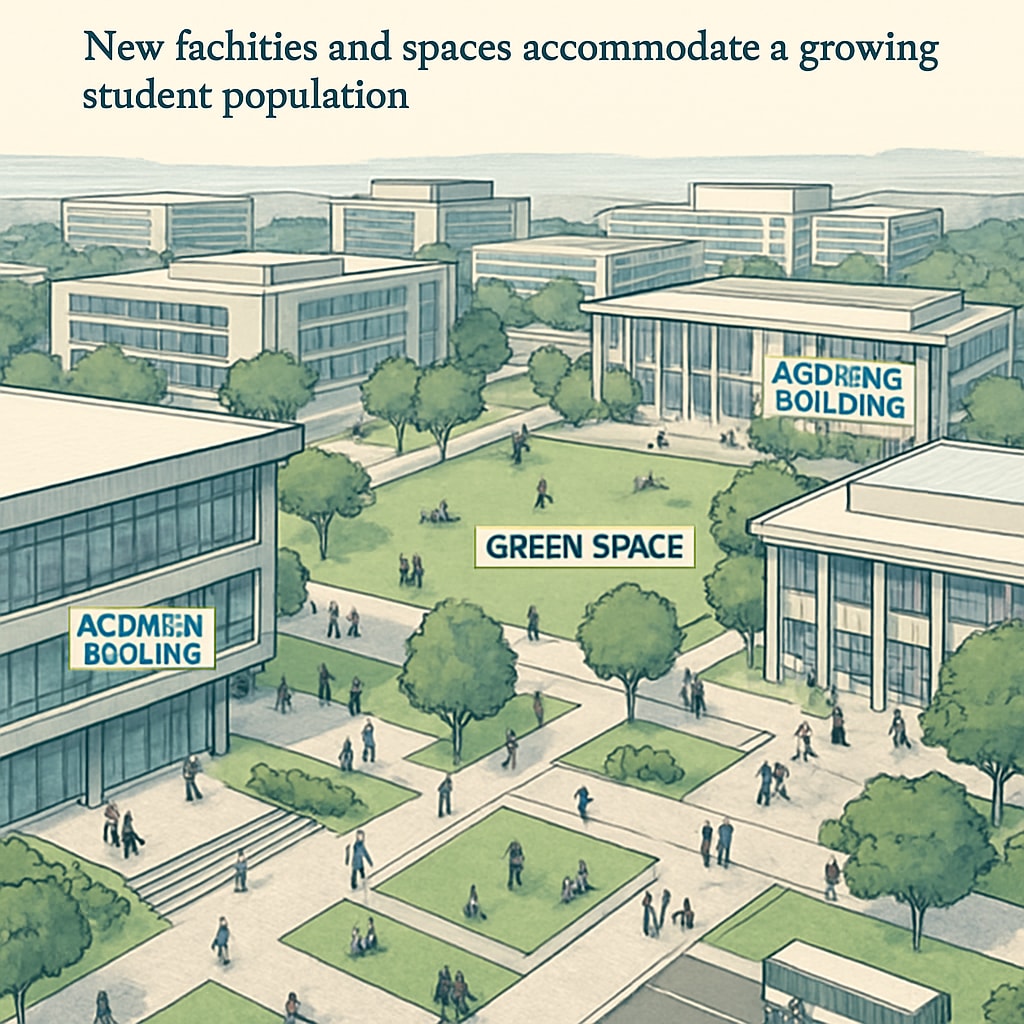 A conceptual rendering of UC San Diego’s expanded campus, illustrating new facilities and spaces to accommodate the growing student population. UC San Diego campus expansion showing new facilities and infrastructure for increased enrollment