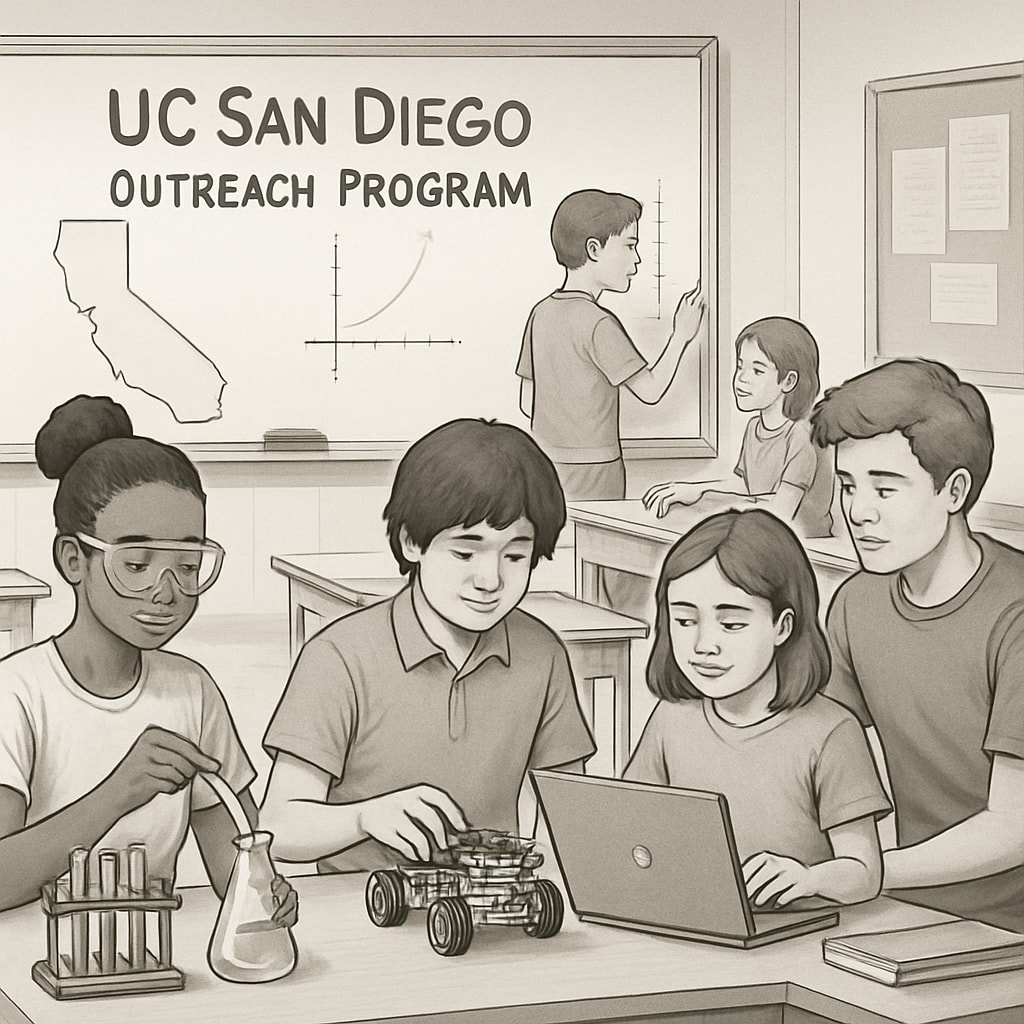 A classroom scene in a California high school, showing students engaging in STEM activities as part of a UC San Diego outreach program. High school students participating in STEM programs linked to UC San Diego’s outreach efforts