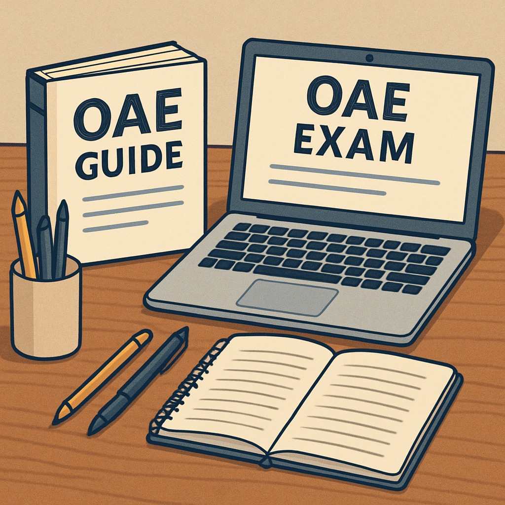 OAE exam preparation materials with a guidebook and laptop.