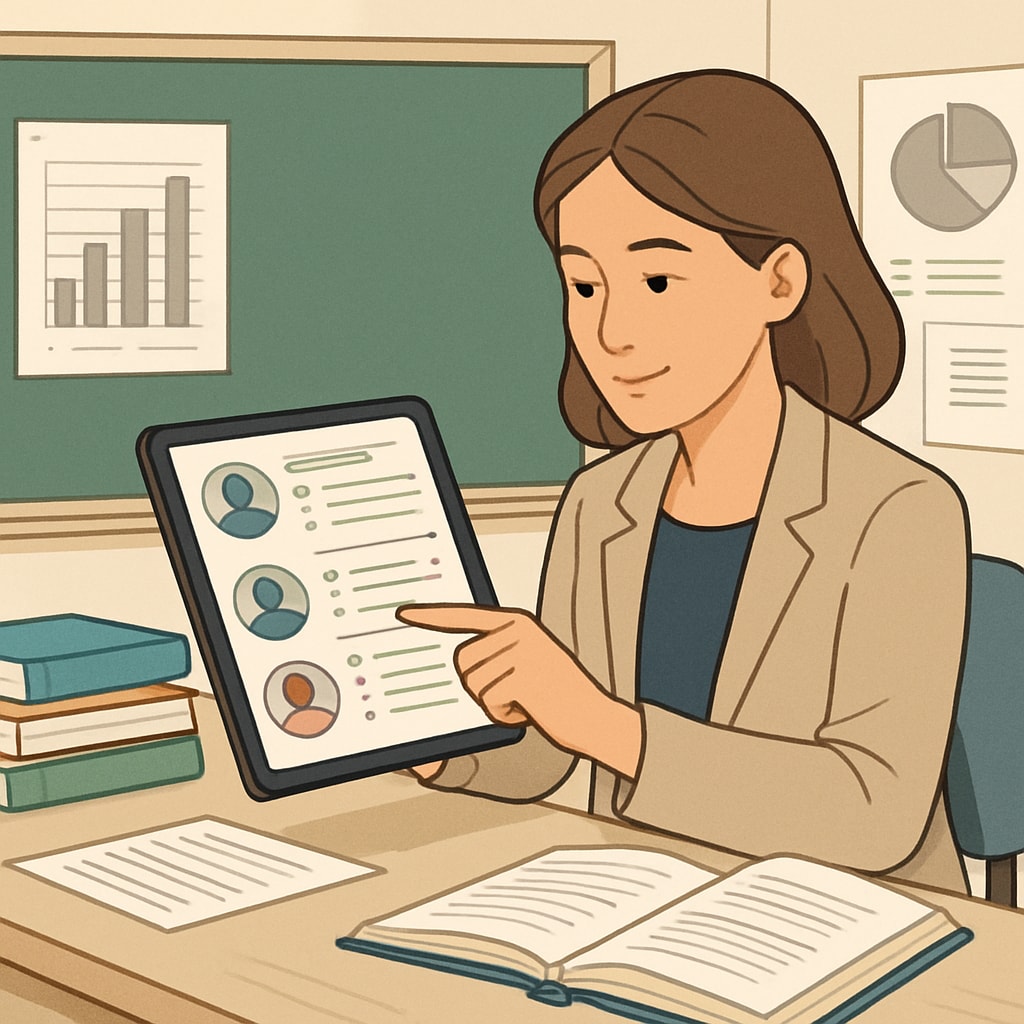 Teacher reviewing student assessment resources with a tablet