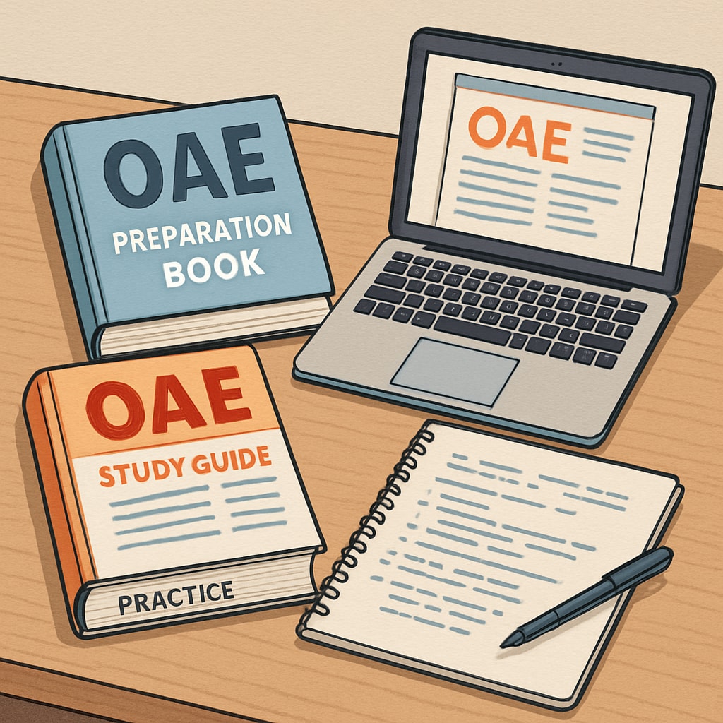 Study materials for OAE exam preparation displayed on a desk.