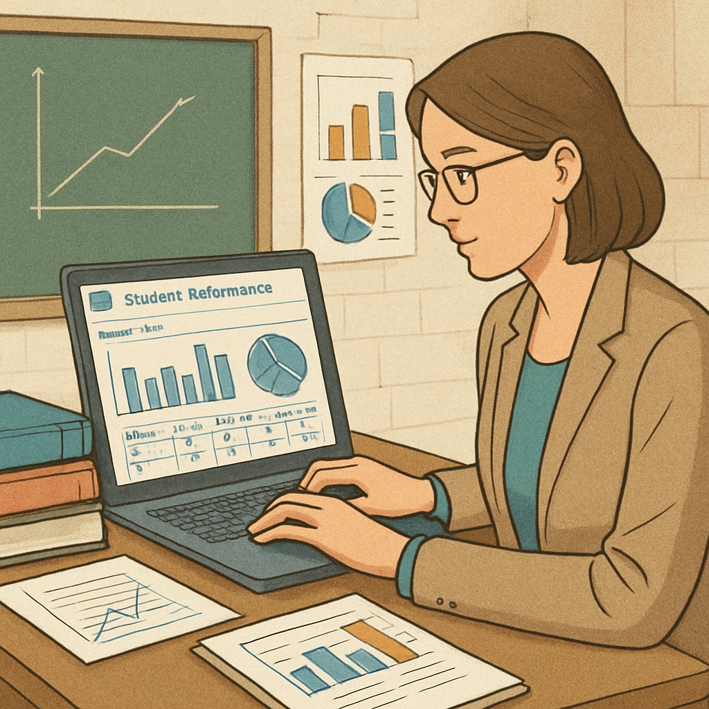 Teacher analyzing student performance data using professional K12 test tools.