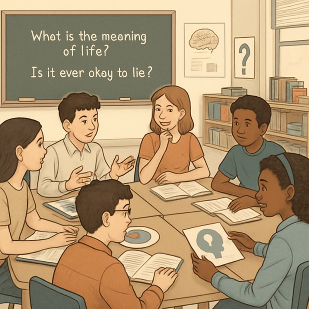 A classroom of K12 students engaging in a group activity that explores psychological or philosophical questions. Students discussing psychological or philosophical ideas during a classroom activity.