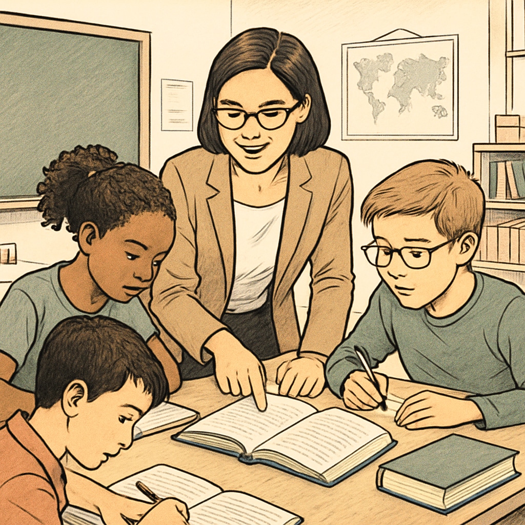 Teacher guiding students through a challenging task in a classroom, representing rigorous methods and student welfare.
