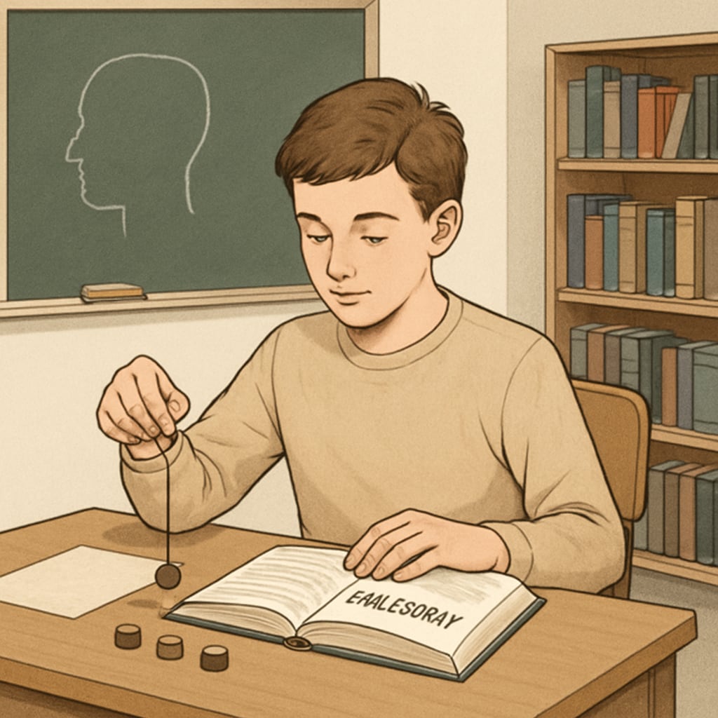 A student reading a philosophy book or conducting a simple psychological experiment in a classroom setting. K12 student exploring psychology or philosophy through reading or hands-on activities.
