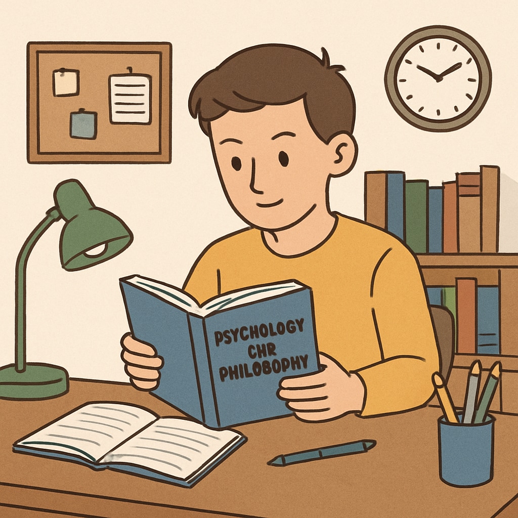 A student engaged in self-learning through psychology and philosophy books.