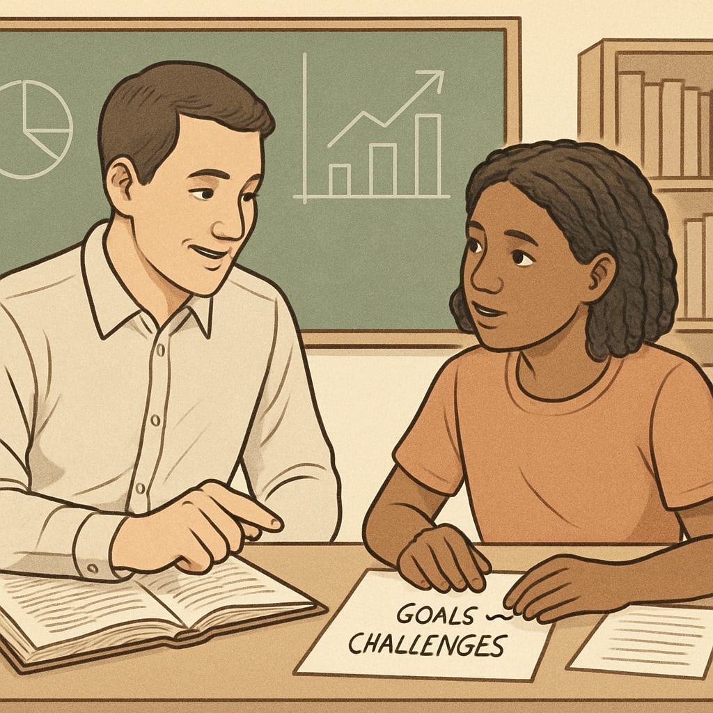 A teacher mentoring a student, discussing goals and challenges in a classroom setting. Teacher and student working together, symbolizing balance between strict methods and emotional care.