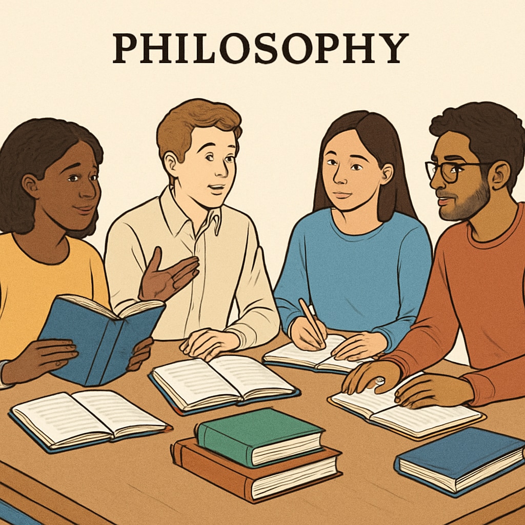 Students discussing philosophical concepts in a collaborative learning environment.