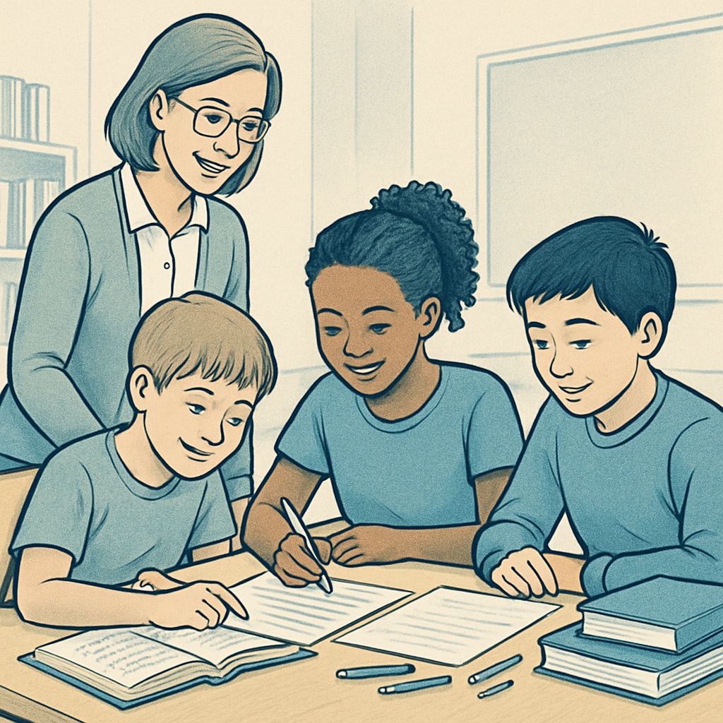 A group of students collaborating on a project with a teacher providing guidance and encouragement. Students working on a project with teacher support, reflecting positive educational practices.