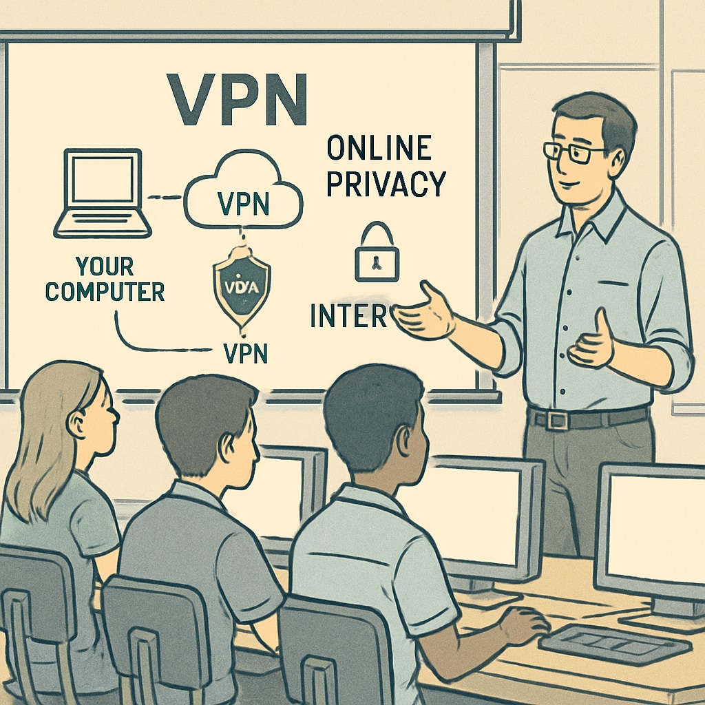 Educator teaching high school students about VPNs and online privacy.